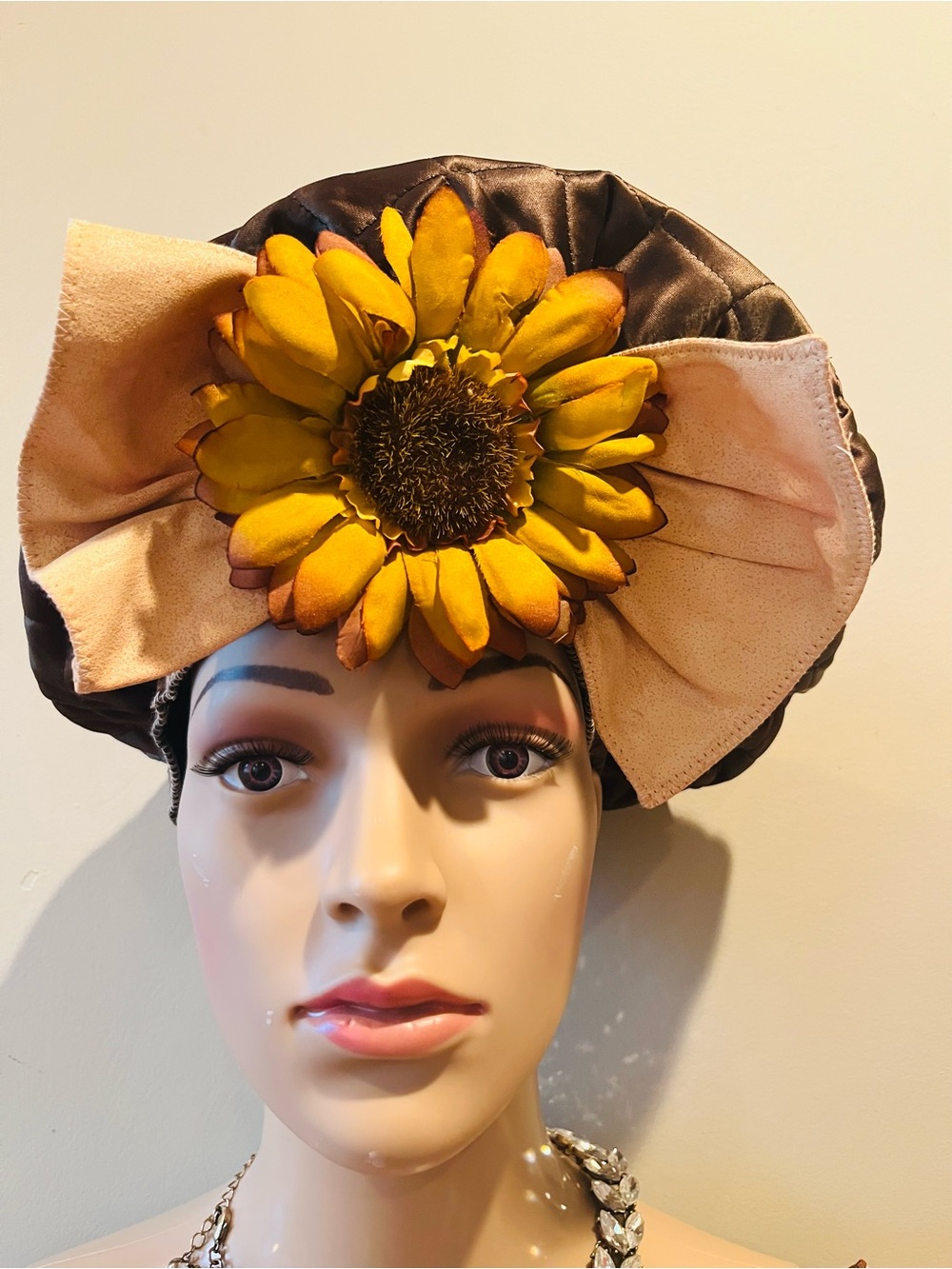 Sunflower Accent Satin Turban Hat - Yellow & Brown